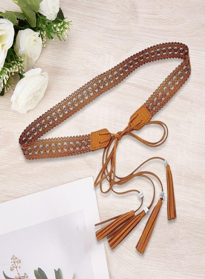 CALFOVERA Bohemian Tassel Waistband 66.54 x 1.12 Inch PU Leather Vintage Hollow Braided Belt Boho Knotted Waist Belt with Wax Rope Western Ethnic Macrame Waisbands for Women Dress Skirt (Saddle Brown) - Image 3